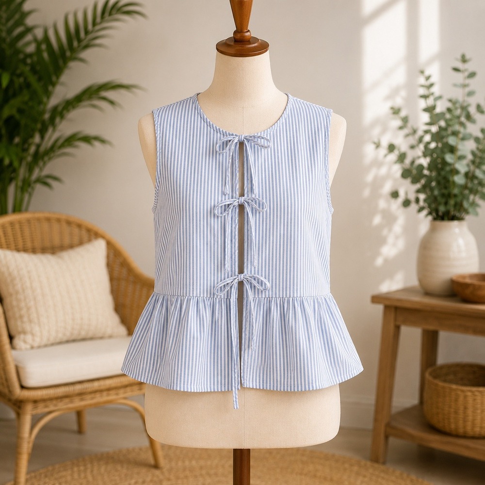 NWT Cupshe Peplum Tie Front Top Womens XL Blue White Striped Sleeveless‎ Blouse